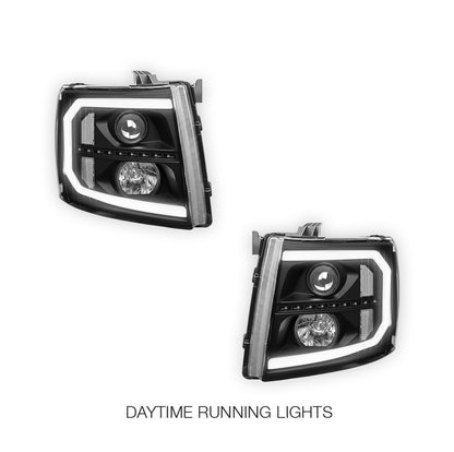 Chevrolet Silverado 3500 HD LS / LT / LTZ (2007 - 2014) LED DRL Bar + Sequential Signal Projector Headlights LH + RH