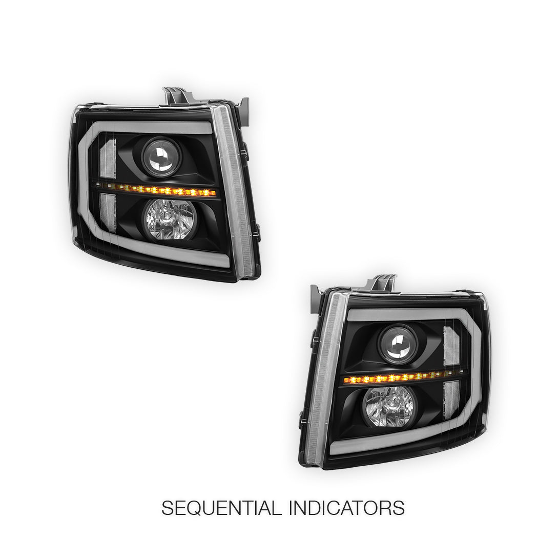 Chevrolet Silverado 3500 HD LS / LT / LTZ (2007 - 2014) LED DRL Bar + Sequential Signal Projector Headlights LH + RH