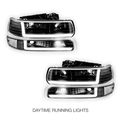 Chevrolet Silverado 1500 HD LS / LT (2001 - 2002) Dual LED L-Pattern Switchback Headlights LH + RH