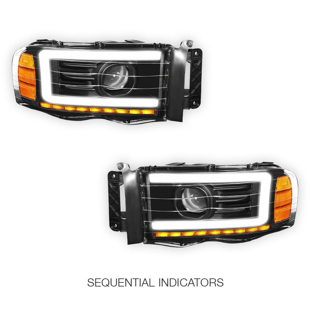 Dodge RAM 1500 (2002 - 2005) LED DRL Sequential Turn Signal Projector Headlights LH + RH