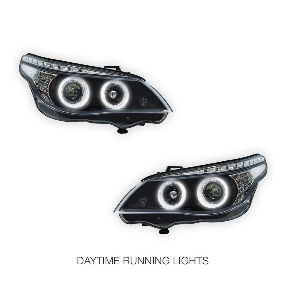 BMW 5-Series E60 / E61 (2004 - 2007) LED 3D HALO DRL Projector Headlights LH + RH