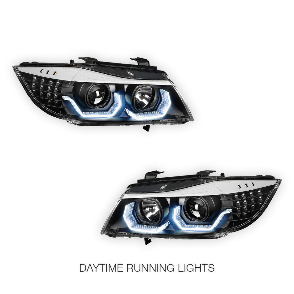 BMW 3-Series E90 (2005 - 2008) LED Blue 3D DRL Projector Headlights LH + RH