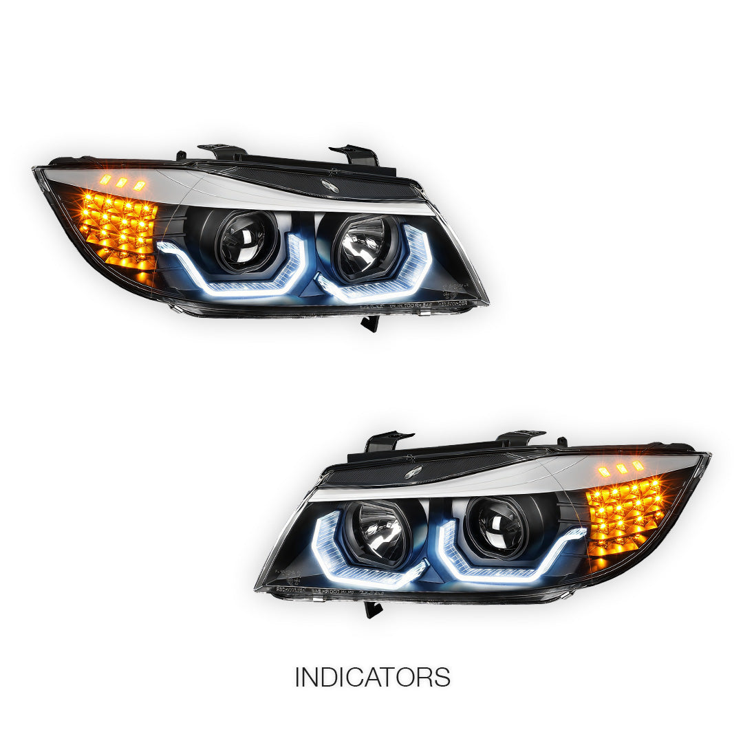 BMW 3-Series E90 (2005 - 2008) LED Blue 3D DRL Projector Headlights LH + RH