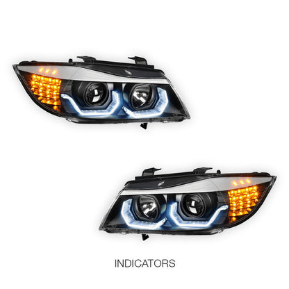 BMW 3-Series E90 (2005 - 2008) LED Blue 3D DRL Projector Headlights LH + RH