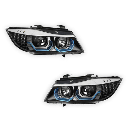 BMW 3-Series E90 (2005 - 2008) LED Blue 3D DRL Projector Headlights LH + RH