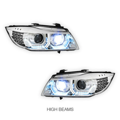 BMW 3-Series E90 (2005 - 2008) LED Blue 3D DRL Projector Headlights LH + RH