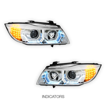 BMW 3-Series E90 (2005 - 2008) LED Blue 3D DRL Projector Headlights LH + RH