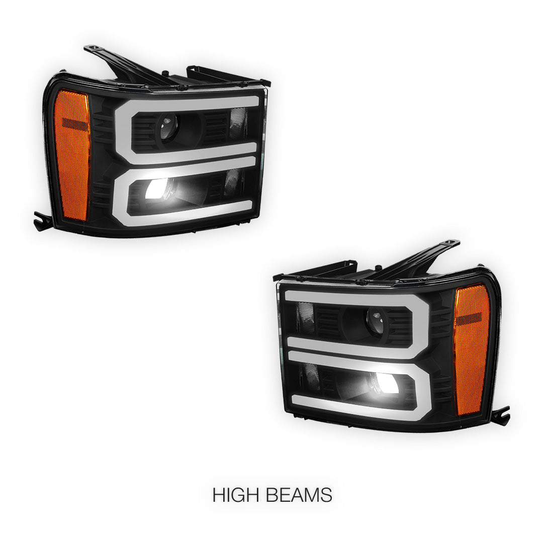 GMC Sierra 1500 Denali / SLE / SLT (2007 - 2013) U-Shaped LED DRL Projector Headlights LH + RH