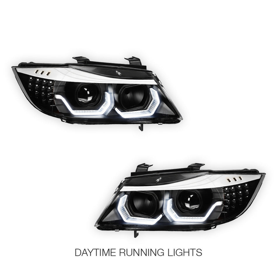 BMW 3-Series E90 (2009 - 2012) 3D LED DRL Sequential Turn Signal Projector Headlights LH + RH