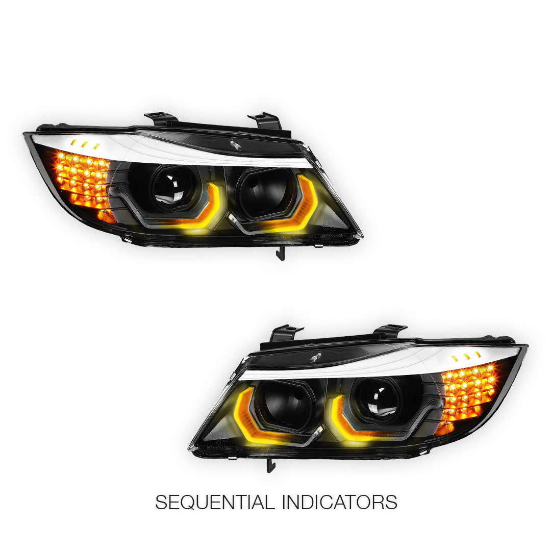 BMW 3-Series E90 (2009 - 2012) 3D LED DRL Sequential Turn Signal Projector Headlights LH + RH