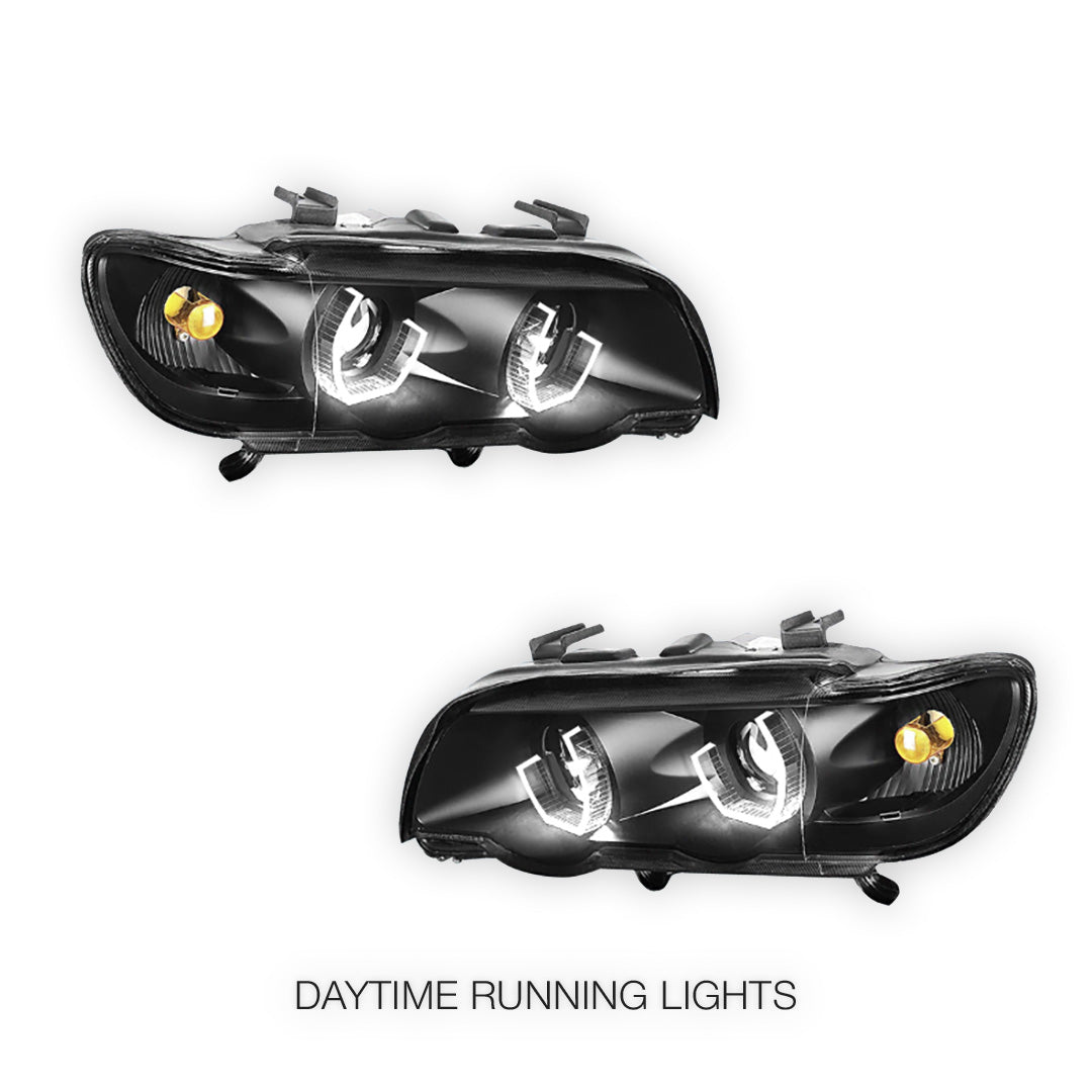 BMW X5 E53 Pre-Facelift (2000 - 2003) Black / Chrome LED 3D RGB Ange Eyes Headlights LH + RH