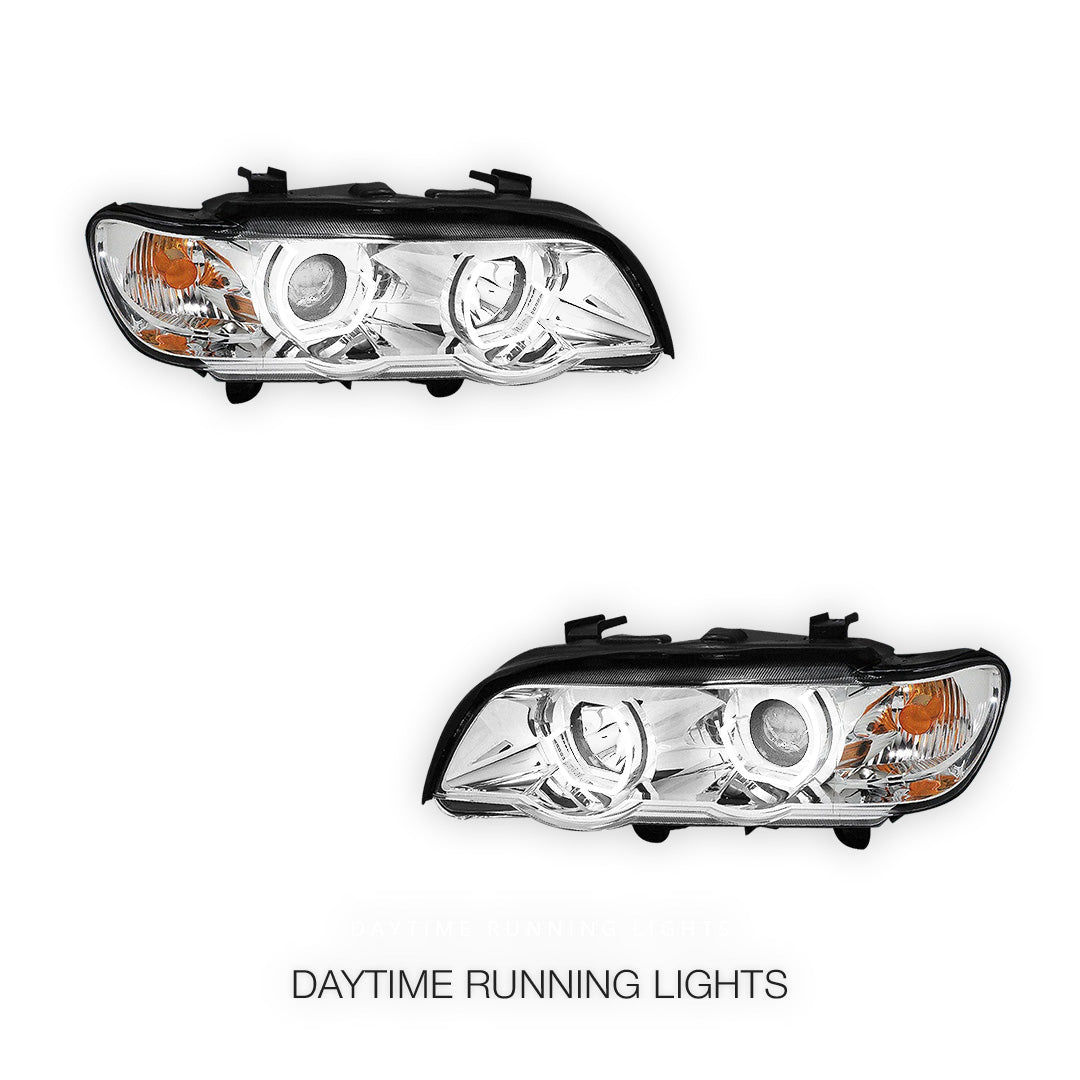 BMW X5 E53 Pre-Facelift (2000 - 2003) Black / Chrome LED 3D RGB Ange Eyes Headlights LH + RH