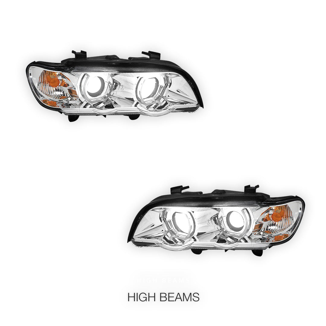 BMW X5 E53 Pre-Facelift (2000 - 2003) Black / Chrome LED 3D RGB Ange Eyes Headlights LH + RH