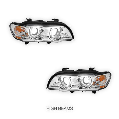 BMW X5 E53 Pre-Facelift (2000 - 2003) Black / Chrome LED 3D RGB Ange Eyes Headlights LH + RH