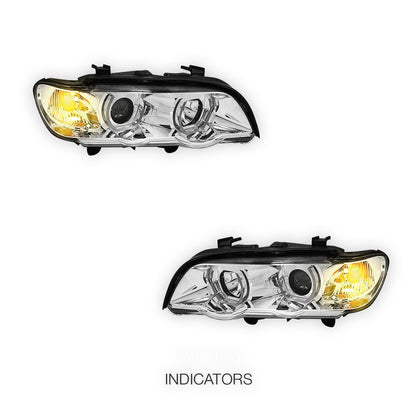BMW X5 E53 Pre-Facelift (2000 - 2003) Black / Chrome LED 3D RGB Ange Eyes Headlights LH + RH