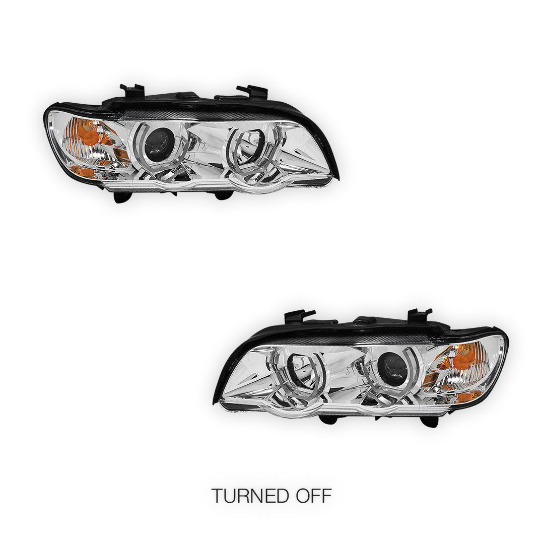 BMW X5 E53 Pre-Facelift (2000 - 2003) Black / Chrome LED 3D RGB Ange Eyes Headlights LH + RH