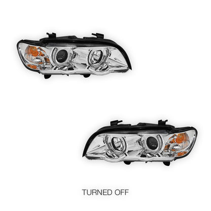BMW X5 E53 Pre-Facelift (2000 - 2003) Black / Chrome LED 3D RGB Ange Eyes Headlights LH + RH