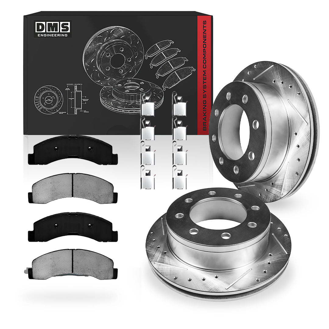 Ford Excursion (2000 - 2005) Front and Rear Drilled and Slotted Brake Rotors and Brake Pads LH + RH
