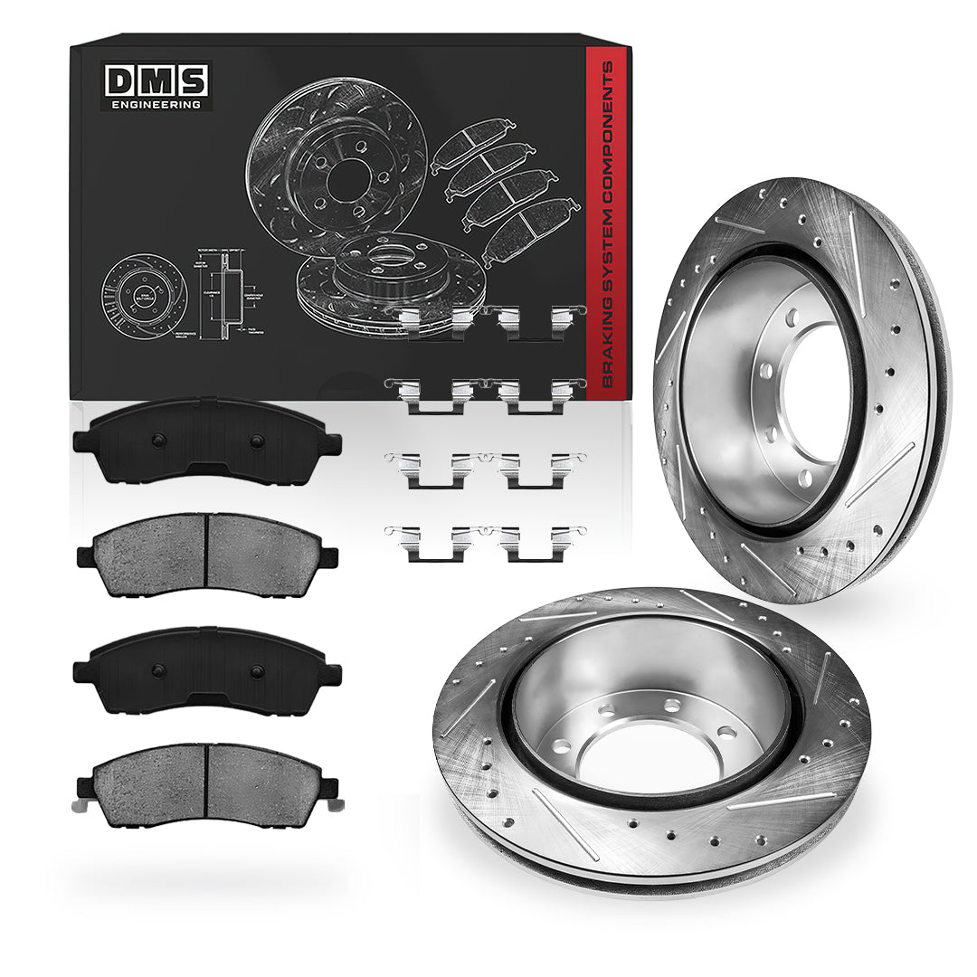 Ford Excursion (2000 - 2005) Front and Rear Drilled and Slotted Brake Rotors and Brake Pads LH + RH