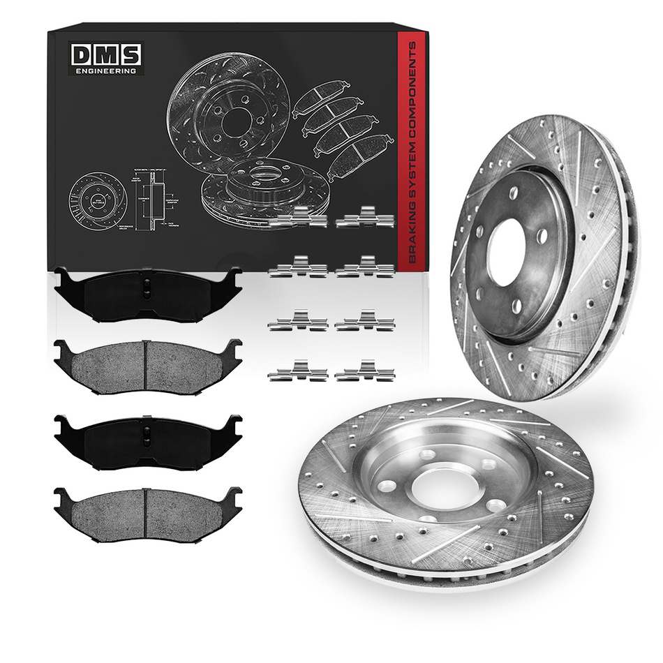 RAM 1500 Classic (2019 - 2023) Front and Rear Drilled & Slotted Brake Rotors and Brake Pads LH + RH