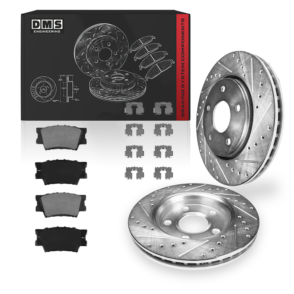 Toyota Camry (2007 - 2011) Front and Rear Drilled and Slotted Brake Rotors and Brake Pads LH + RH