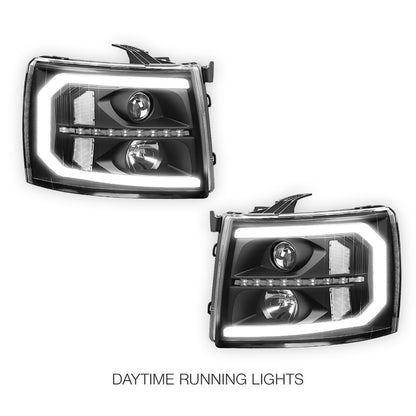 Chevrolet Silverado 1500 LS / LT / LTZ (2007 - 2013) LED DRL Bar + Sequential Signal Projector Headlights LH + RH