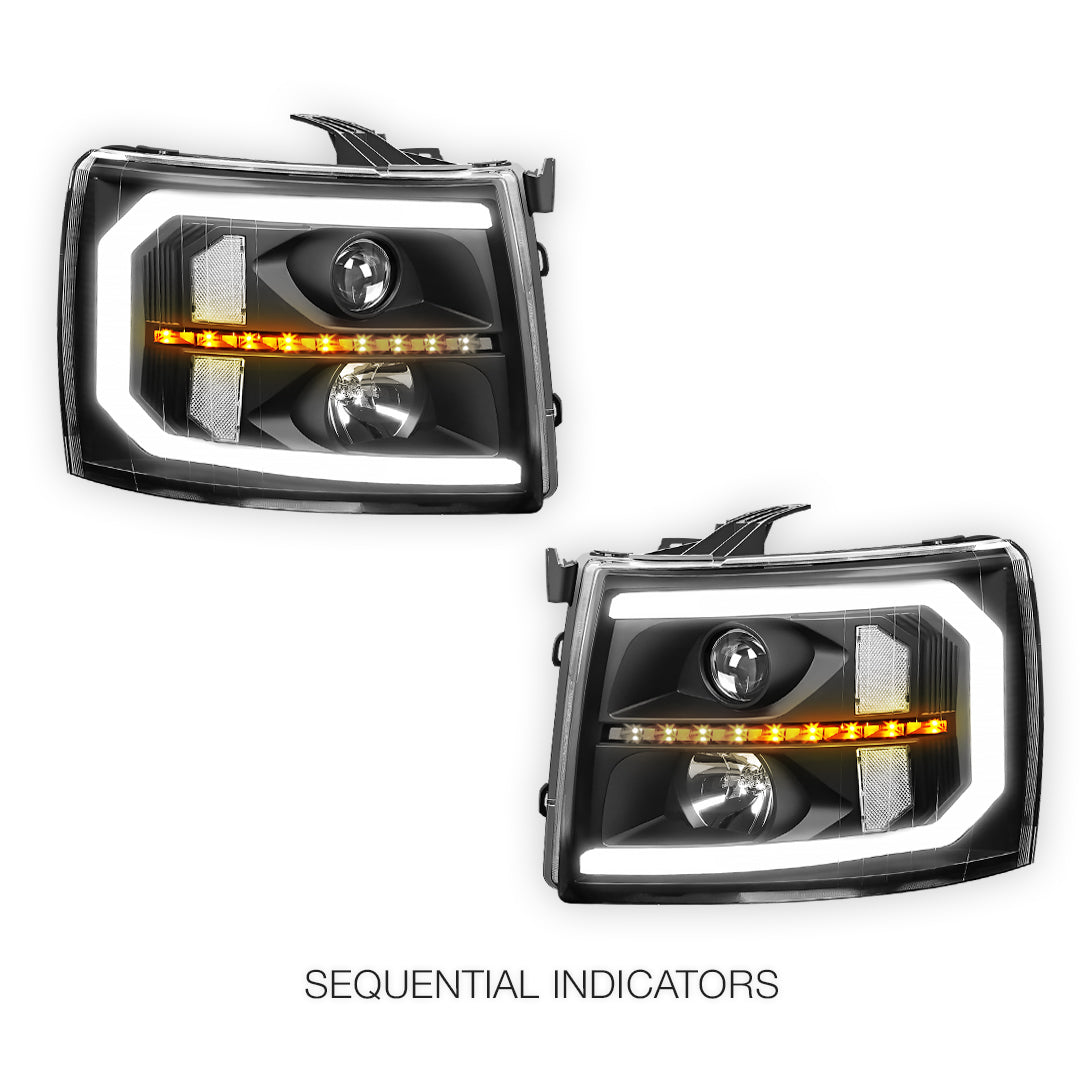 Chevrolet Silverado 1500 LS / LT / LTZ (2007 - 2013) LED DRL Bar + Sequential Signal Projector Headlights LH + RH