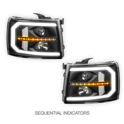 Chevrolet Silverado 1500 LS / LT / LTZ (2007 - 2013) LED DRL Bar + Sequential Signal Projector Headlights LH + RH