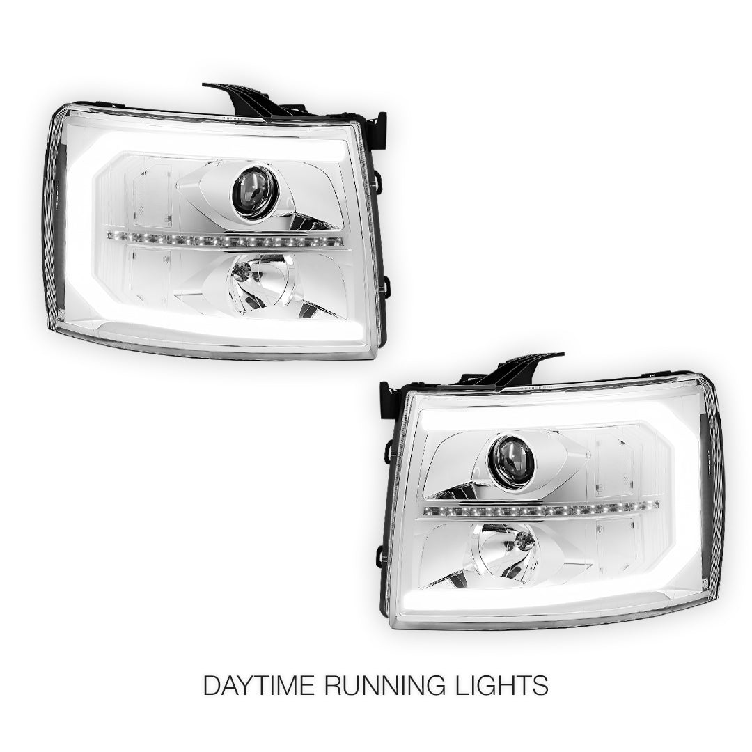 Chevrolet Silverado 1500 LS / LT / LTZ (2007 - 2013) LED DRL Bar + Sequential Signal Projector Headlights LH + RH