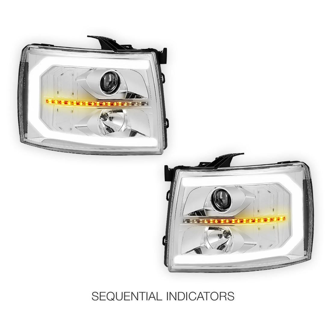 Chevrolet Silverado 1500 LS / LT / LTZ (2007 - 2013) LED DRL Bar + Sequential Signal Projector Headlights LH + RH