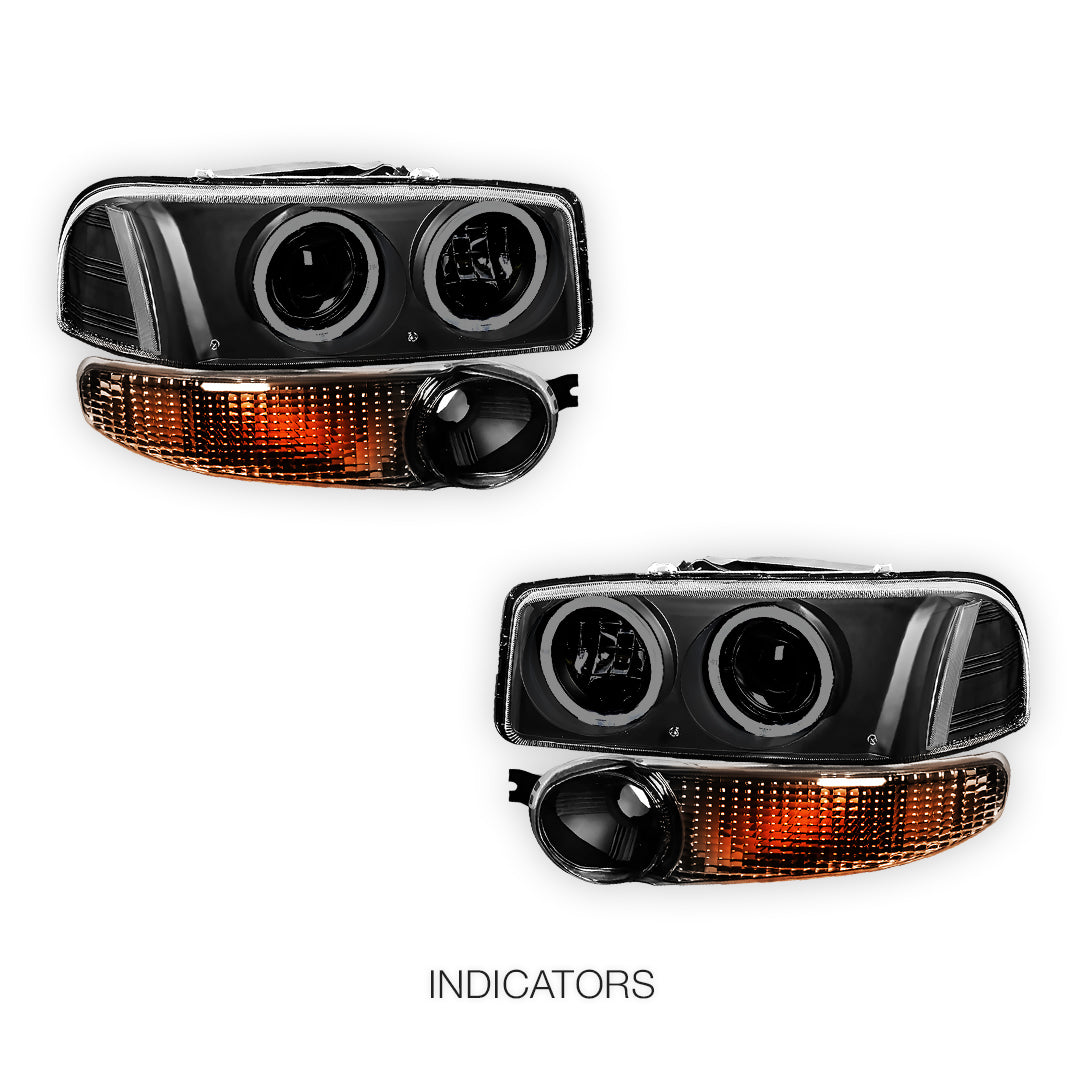 GMC Sierra 1500 Denali (2002 - 2006) Black Dual Halo Projector Headlights LH + RH
