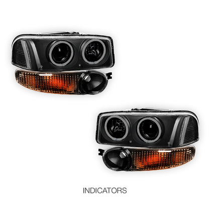GMC Sierra 1500 Denali (2002 - 2006) Black Dual Halo Projector Headlights LH + RH