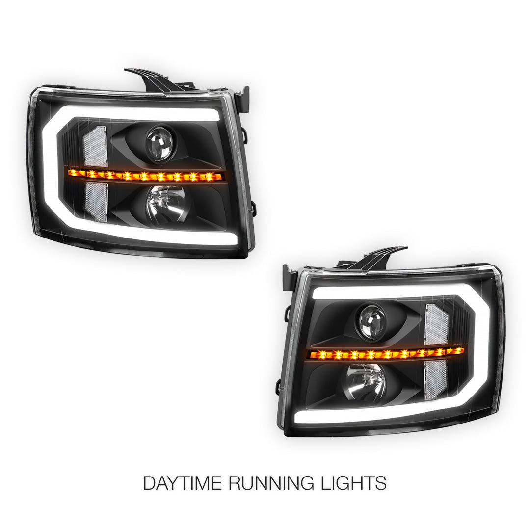 Chevrolet Silverado 2500 HD LS / LT / LTZ (2007 - 2014) LED DRL Bar + Sequential Signal Projector Headlights LH + RH