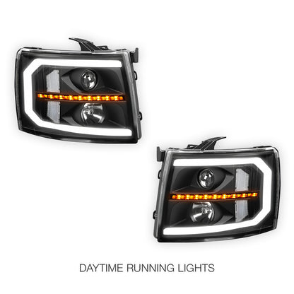 Chevrolet Silverado 2500 HD LS / LT / LTZ (2007 - 2014) LED DRL Bar + Sequential Signal Projector Headlights LH + RH