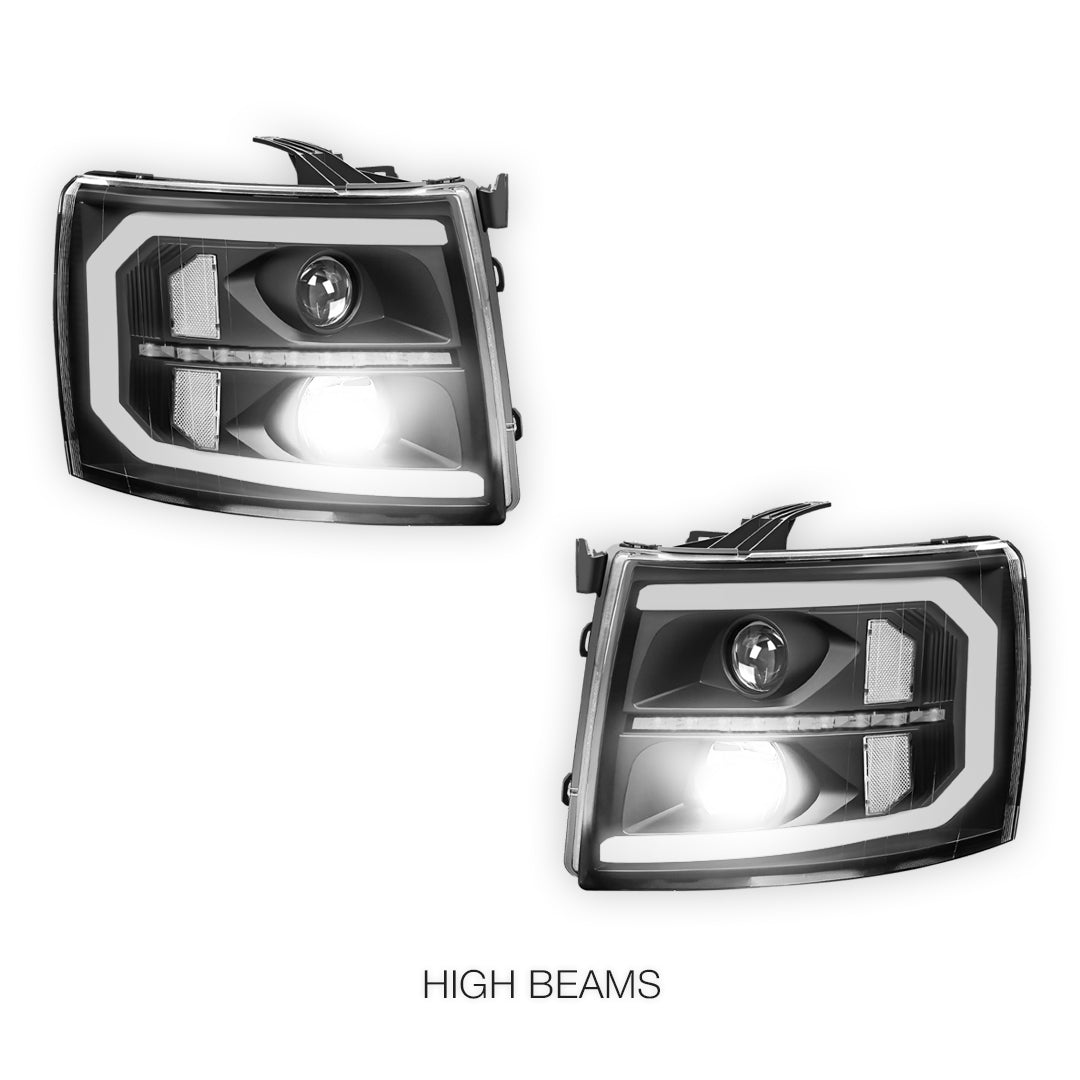 Chevrolet Silverado 2500 HD LS / LT / LTZ (2007 - 2014) LED DRL Bar + Sequential Signal Projector Headlights LH + RH