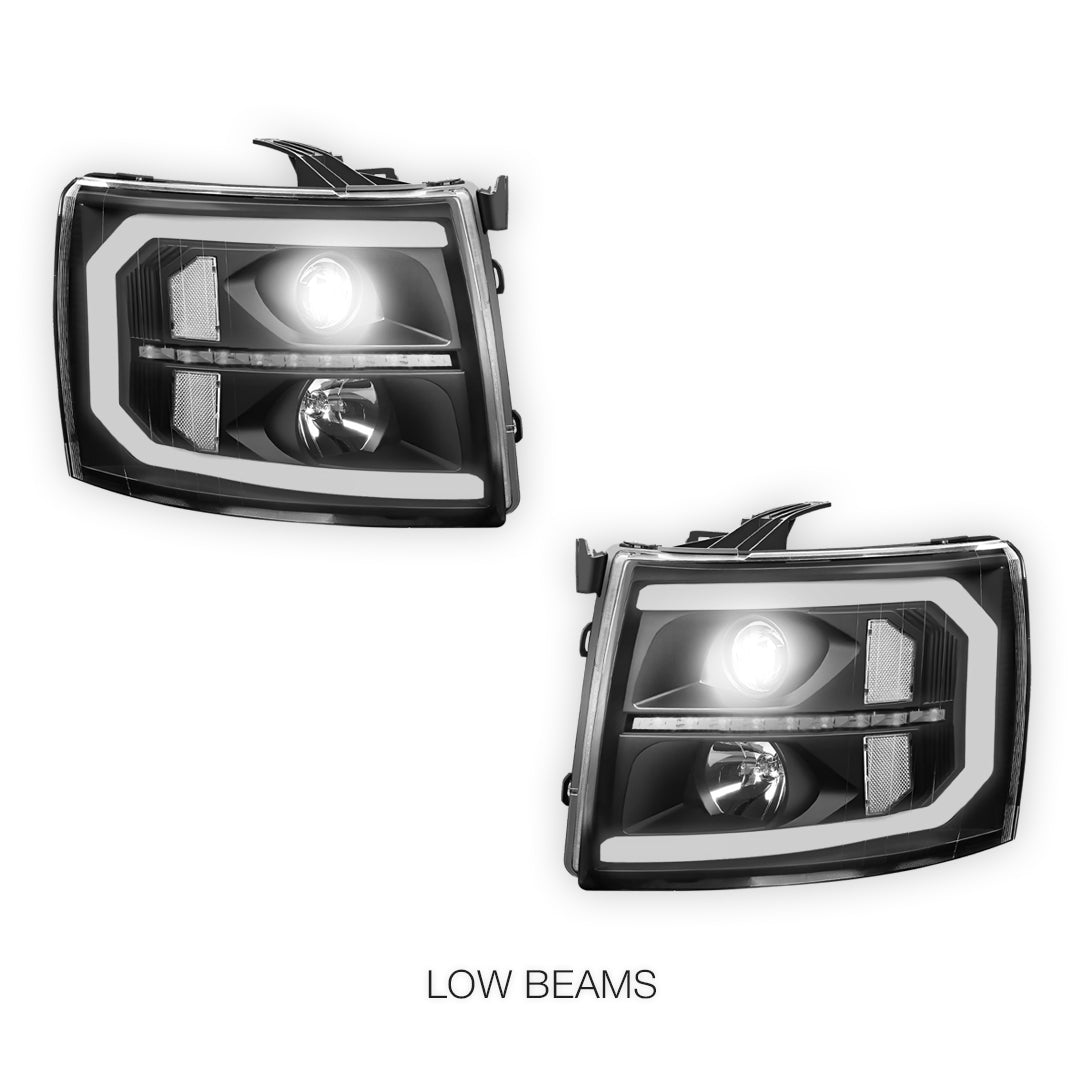 Chevrolet Silverado 2500 HD LS / LT / LTZ (2007 - 2014) LED DRL Bar + Sequential Signal Projector Headlights LH + RH