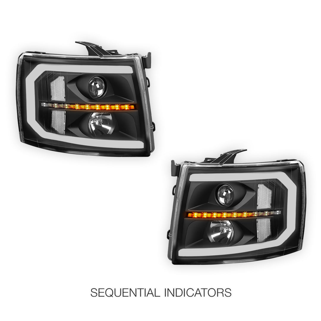 Chevrolet Silverado 2500 HD LS / LT / LTZ (2007 - 2014) LED DRL Bar + Sequential Signal Projector Headlights LH + RH