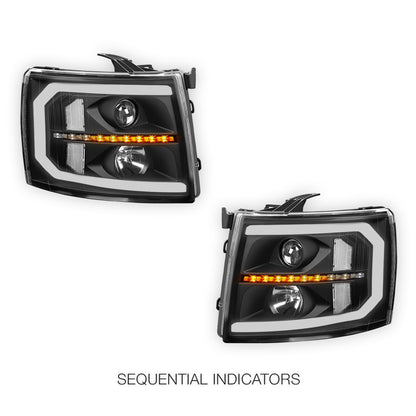 Chevrolet Silverado 2500 HD LS / LT / LTZ (2007 - 2014) LED DRL Bar + Sequential Signal Projector Headlights LH + RH