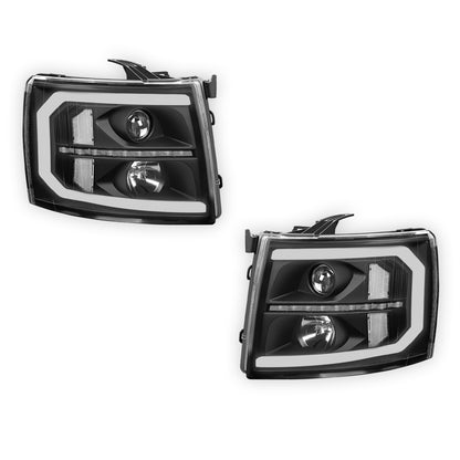 Chevrolet Silverado 2500 HD LS / LT / LTZ (2007 - 2014) LED DRL Bar + Sequential Signal Projector Headlights LH + RH