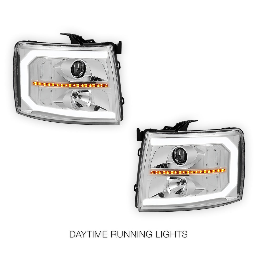 Chevrolet Silverado 2500 HD LS / LT / LTZ (2007 - 2014) LED DRL Bar + Sequential Signal Projector Headlights LH + RH