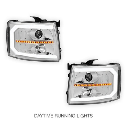 Chevrolet Silverado 2500 HD LS / LT / LTZ (2007 - 2014) LED DRL Bar + Sequential Signal Projector Headlights LH + RH