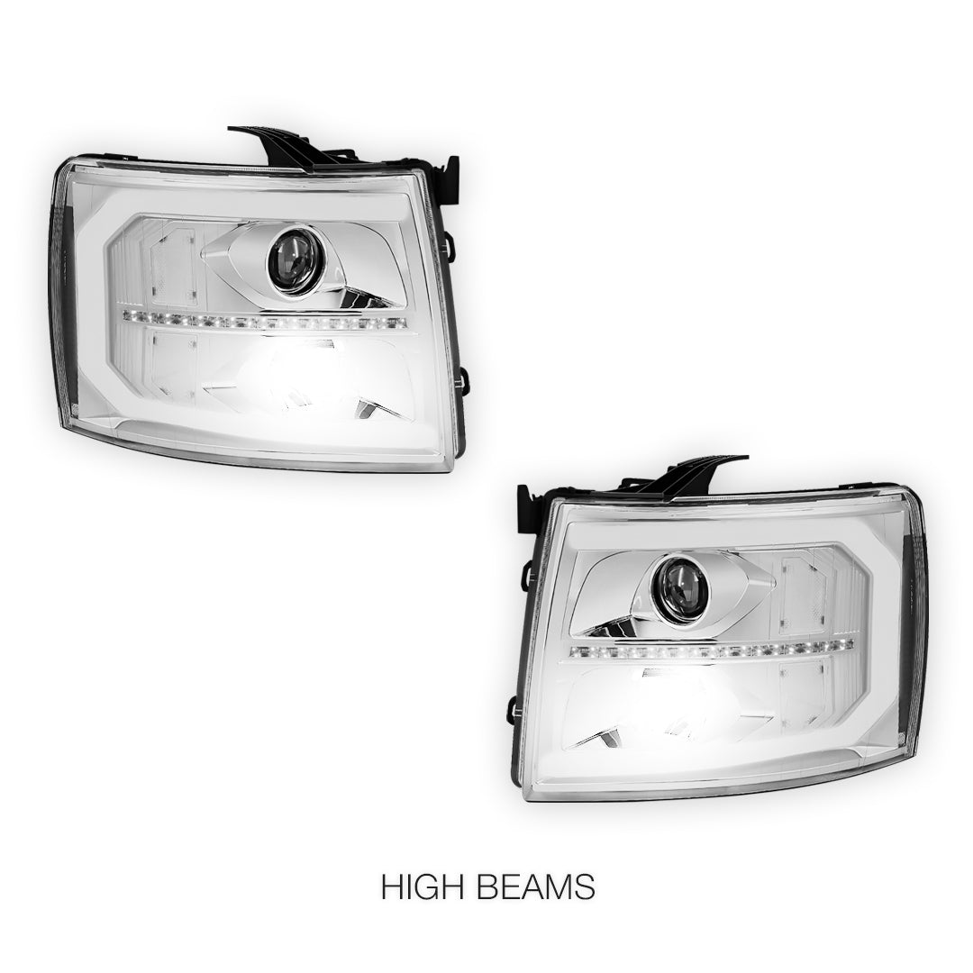 Chevrolet Silverado 2500 HD LS / LT / LTZ (2007 - 2014) LED DRL Bar + Sequential Signal Projector Headlights LH + RH