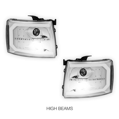 Chevrolet Silverado 2500 HD LS / LT / LTZ (2007 - 2014) LED DRL Bar + Sequential Signal Projector Headlights LH + RH