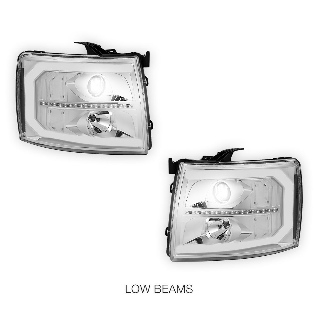 Chevrolet Silverado 2500 HD LS / LT / LTZ (2007 - 2014) LED DRL Bar + Sequential Signal Projector Headlights LH + RH