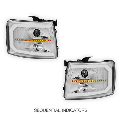 Chevrolet Silverado 2500 HD LS / LT / LTZ (2007 - 2014) LED DRL Bar + Sequential Signal Projector Headlights LH + RH