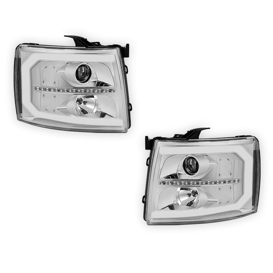 Chevrolet Silverado 2500 HD LS / LT / LTZ (2007 - 2014) LED DRL Bar + Sequential Signal Projector Headlights LH + RH