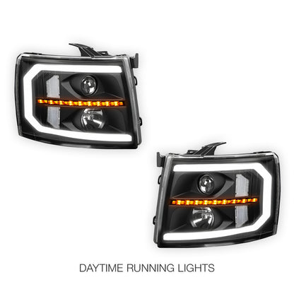 Chevrolet Silverado 2500 LS / LT / LTZ (2007 - 2014) LED DRL Bar + Sequential Signal Projector Headlights LH + RH
