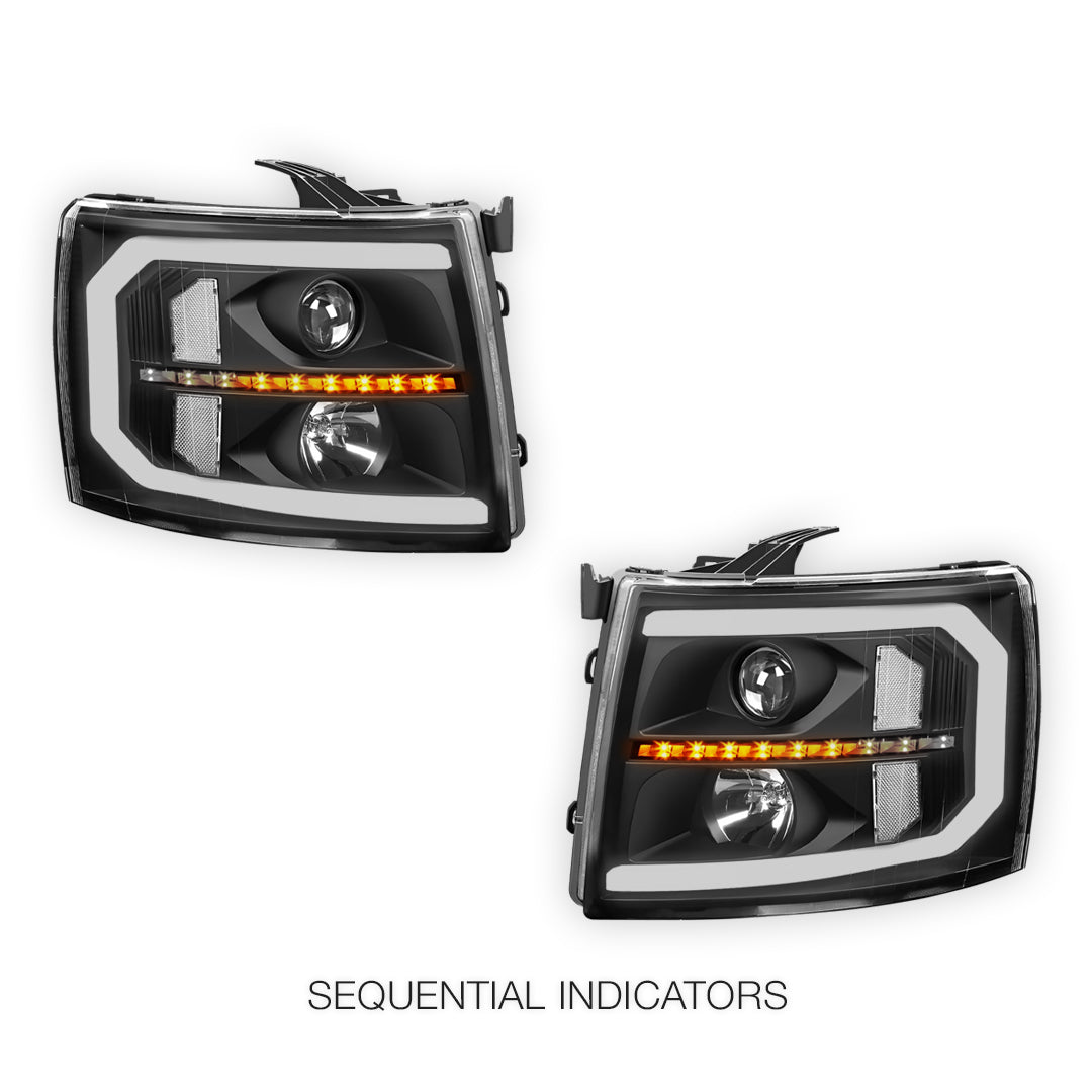 Chevrolet Silverado 2500 LS / LT / LTZ (2007 - 2014) LED DRL Bar + Sequential Signal Projector Headlights LH + RH