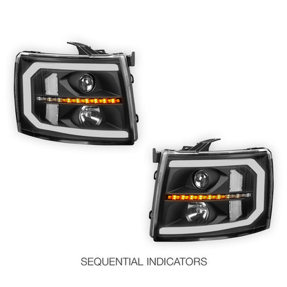 Chevrolet Silverado 2500 LS / LT / LTZ (2007 - 2014) LED DRL Bar + Sequential Signal Projector Headlights LH + RH