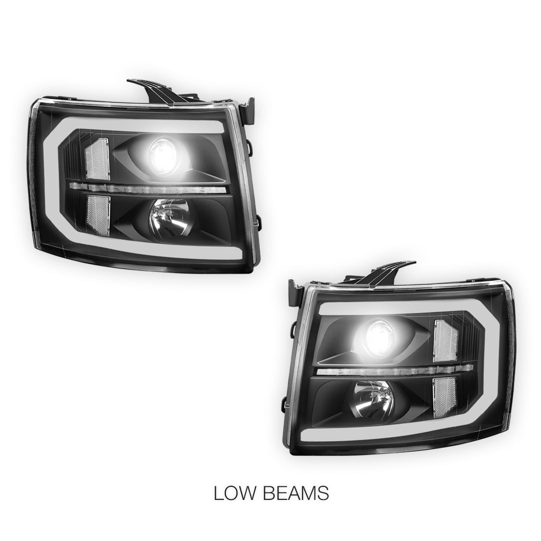 Chevrolet Silverado 2500 LS / LT / LTZ (2007 - 2014) LED DRL Bar + Sequential Signal Projector Headlights LH + RH